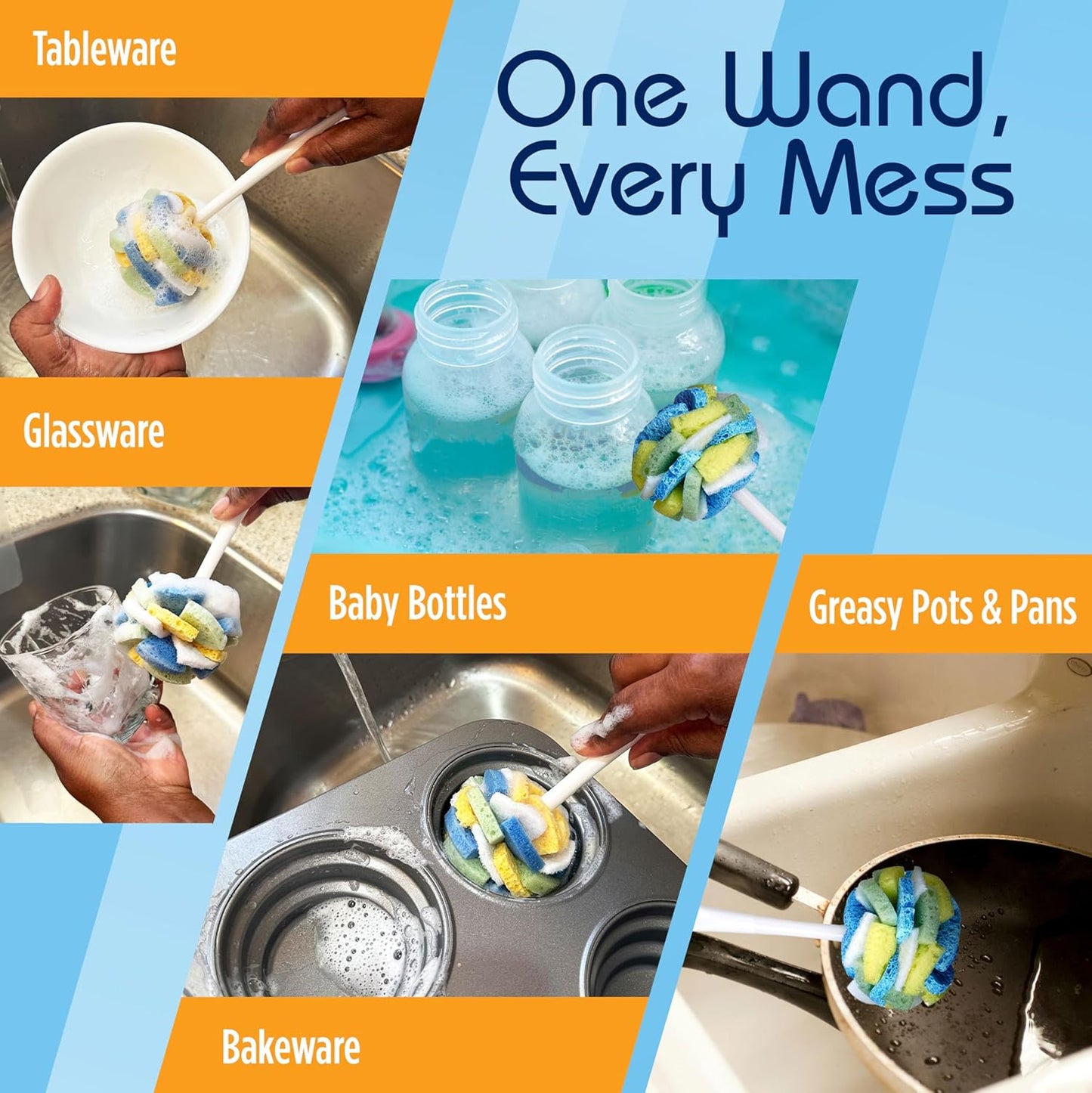 Compac Home Dish SpongeWand Plus Tri Surface Scrubbing Sponge with Cello Foam Scour Sponge Petals