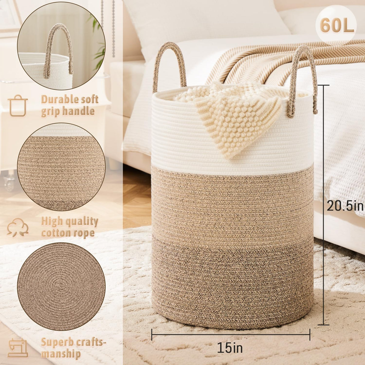 Laundry Basket,Woven Cotton Rope Laundry Hamper,60L for Decorative Storage of Dirty Clothes,Toys