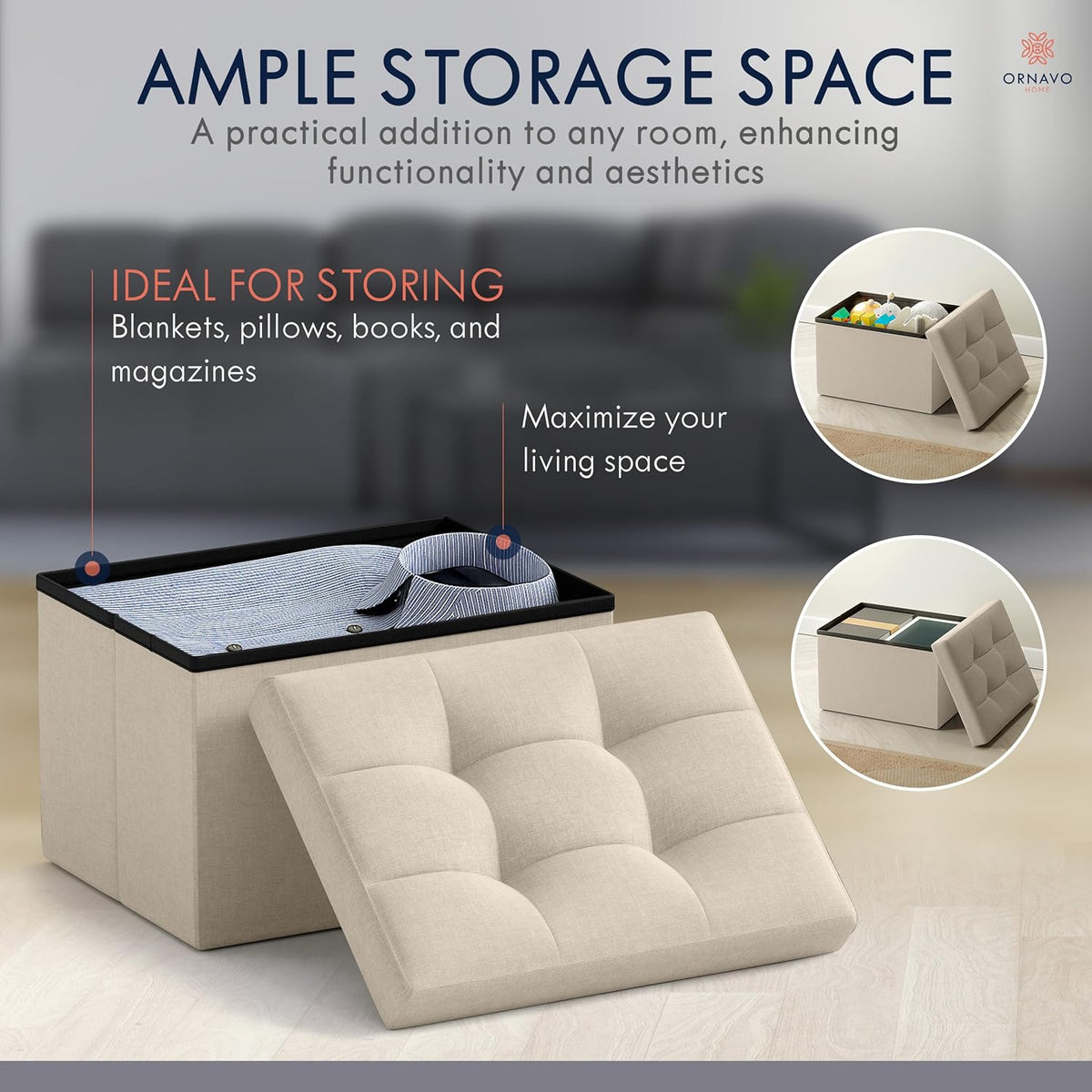 Ornavo Home Small Storage Ottoman, Set of 2, Foldable Collapsible Rectangle Linen Ottoman Foot Rest