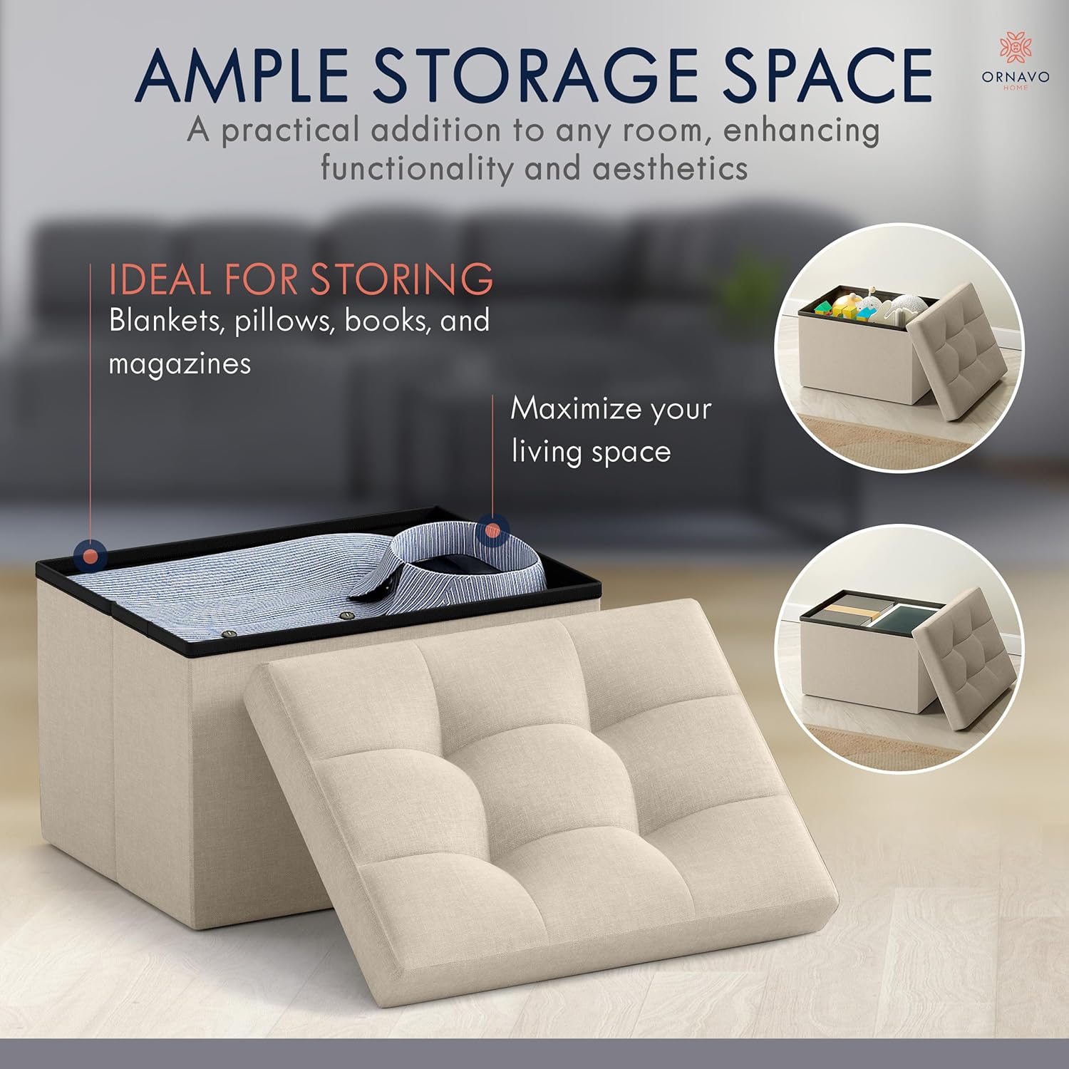 Ornavo Home Small Storage Ottoman Foldable Collapsible Rectangle Linen Ottoman Foot Rest Stool
