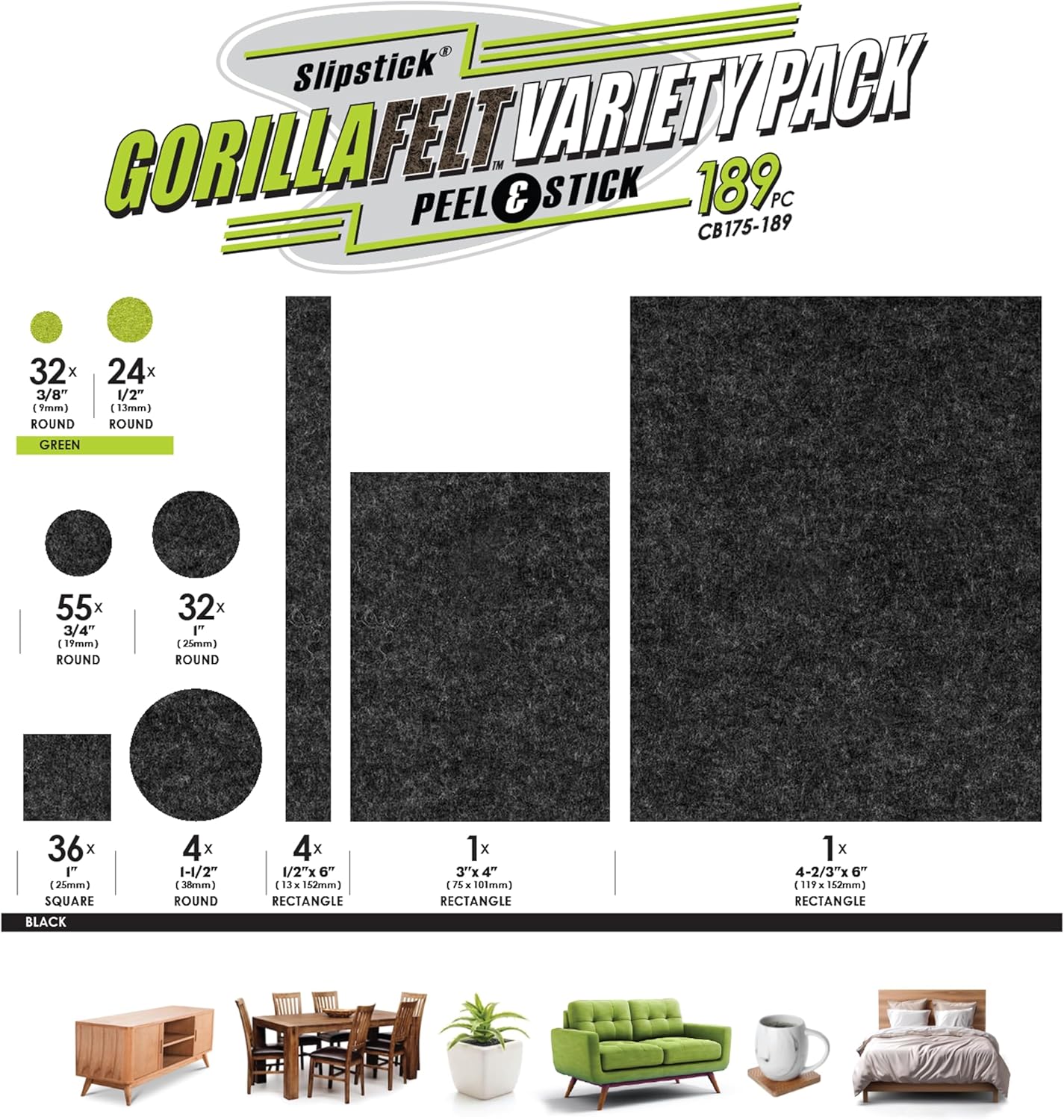 Slipstick Gorilla Felt Furniture Pads (189 Piece Variety Pack) Premium Furniture Pads & Chair Leg