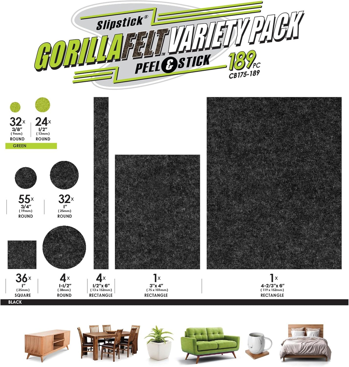 Slipstick Gorilla Felt Furniture Pads (189 Piece Variety Pack) Premium Furniture Pads & Chair Leg