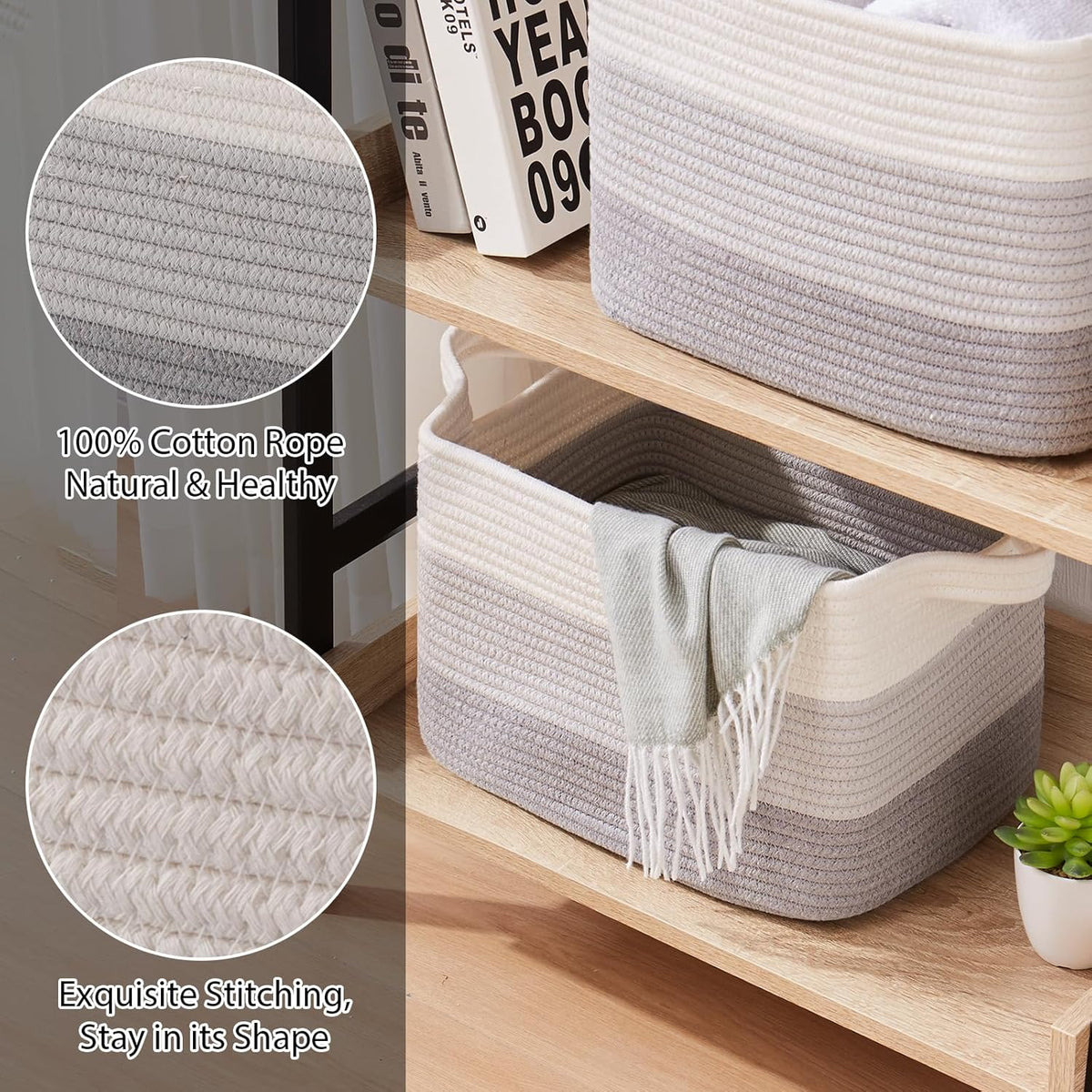 Storage Baskets for Organizing, Woven Baskets for Shelves, Rectangle Decorative Organizer for