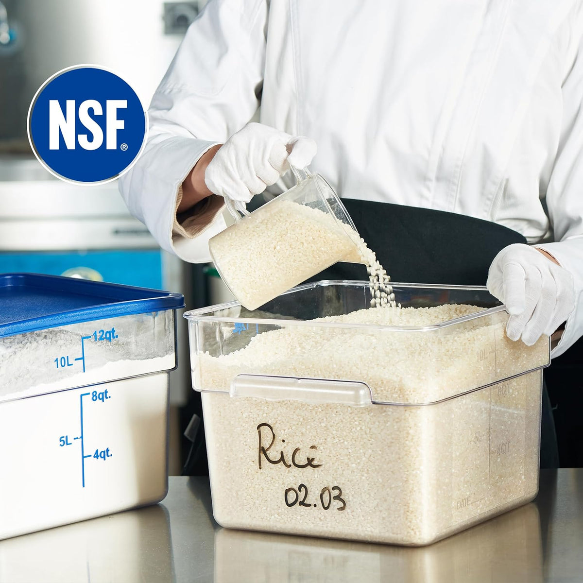 CURTA 4 Pack Food Storage Containers with Blue Lids - NSF Listed Commercial Grade in 12.0 Qt