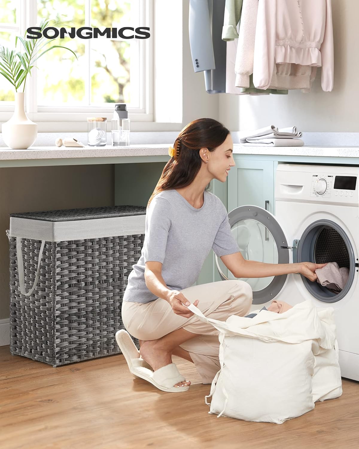 SONGMICS 130L Clothes Hamper with Lid, 2 Removable Liner Bags, 6 Mesh Bags, Wicker, Double Laundry