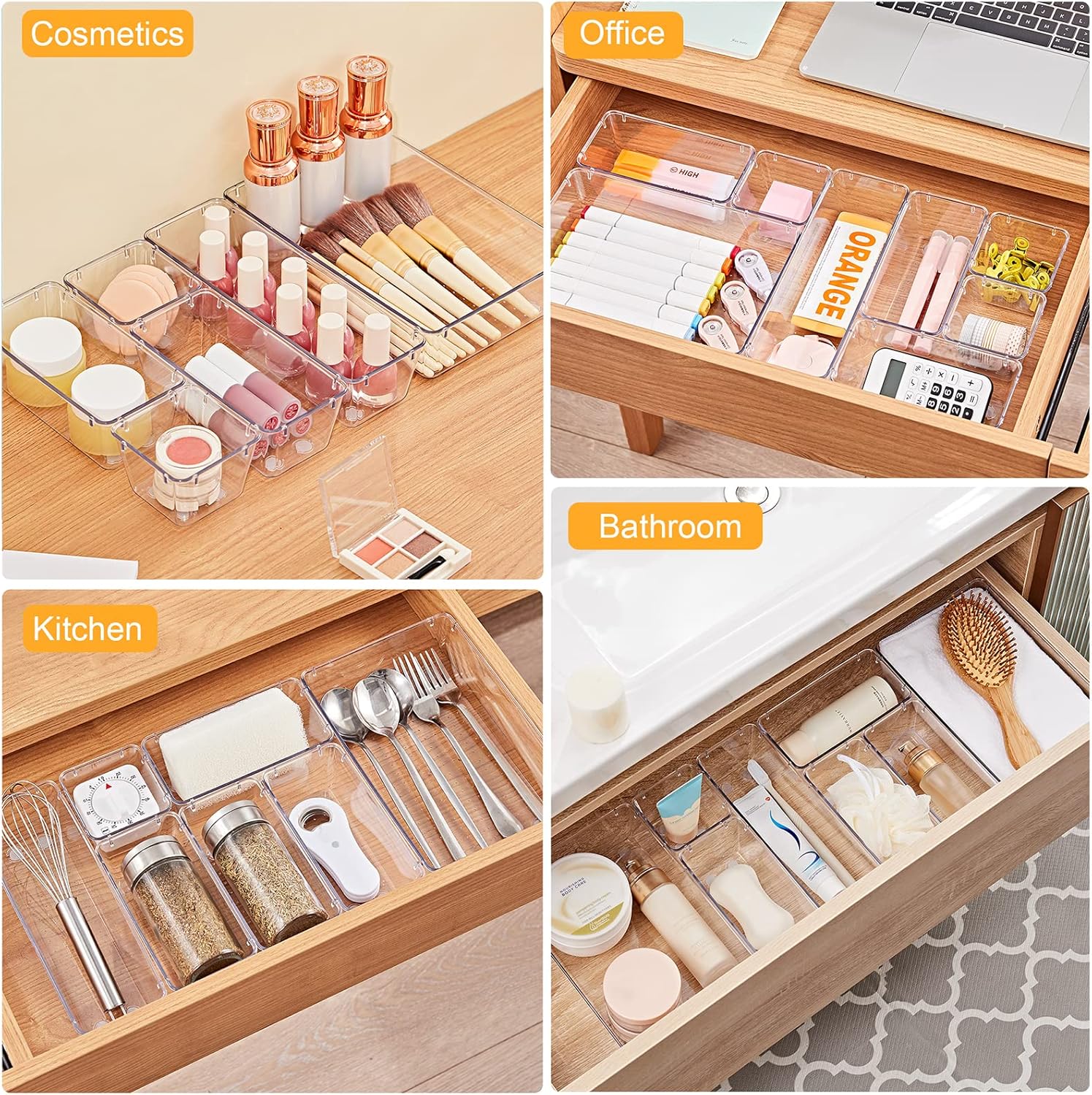 SMARTAKE 28 Piece Drawer Organizers with Non-Slip Silicone Pads, 4-Size Desk Drawer Organizer Trays