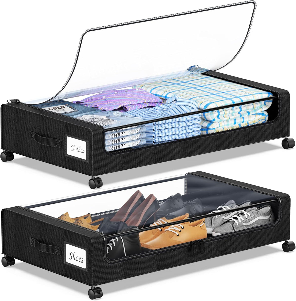 Under Bed Storage with Wheels, 2-Pack Under the Bed Storage Containers with Clear Lids & Label