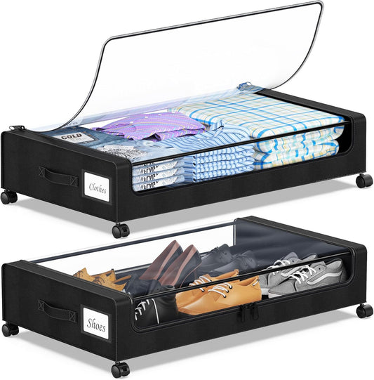 Under Bed Storage with Wheels, 2-Pack Under the Bed Storage Containers with Clear Lids & Label