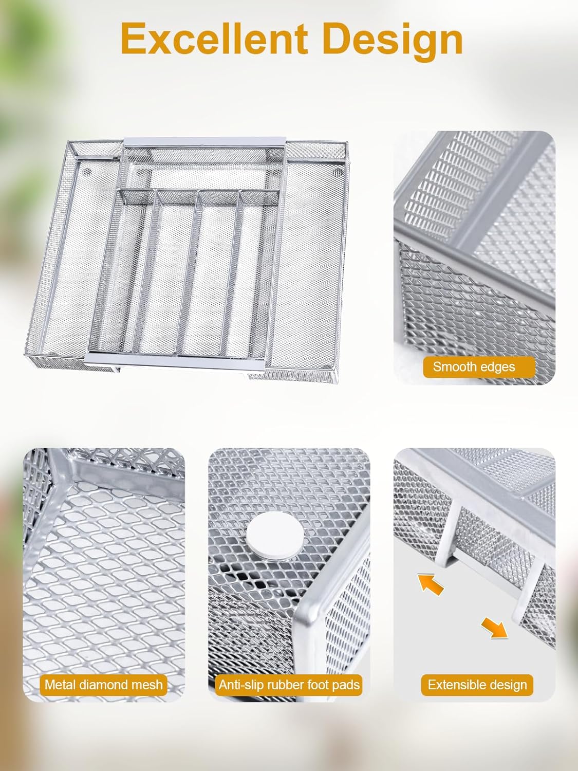 Silverware Organizer Metal Mesh, Drawer Organizer, Utensil Cutlery Tray Expandable Flatware