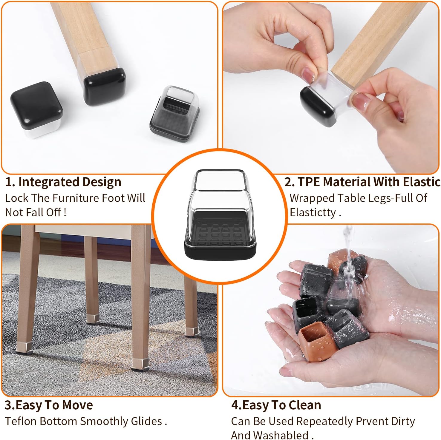 Ezprotekt 24 Pcs Chair Leg Sliders for Carpet, Square Clear Chair Glides Teflon Furniture Pads, Bar
