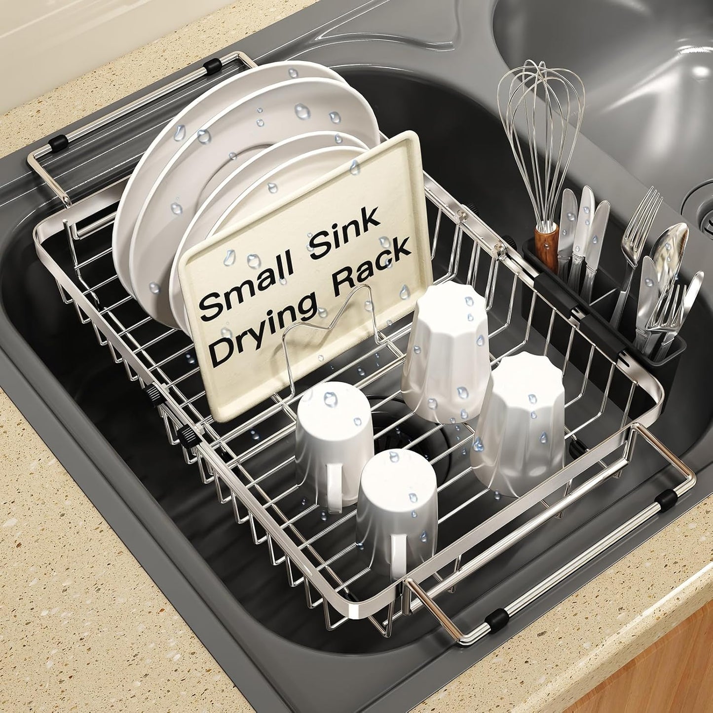Small Expandable Over The Sink Dish Drainer Drying Rack in Stainless Steel Metal for Kitchen