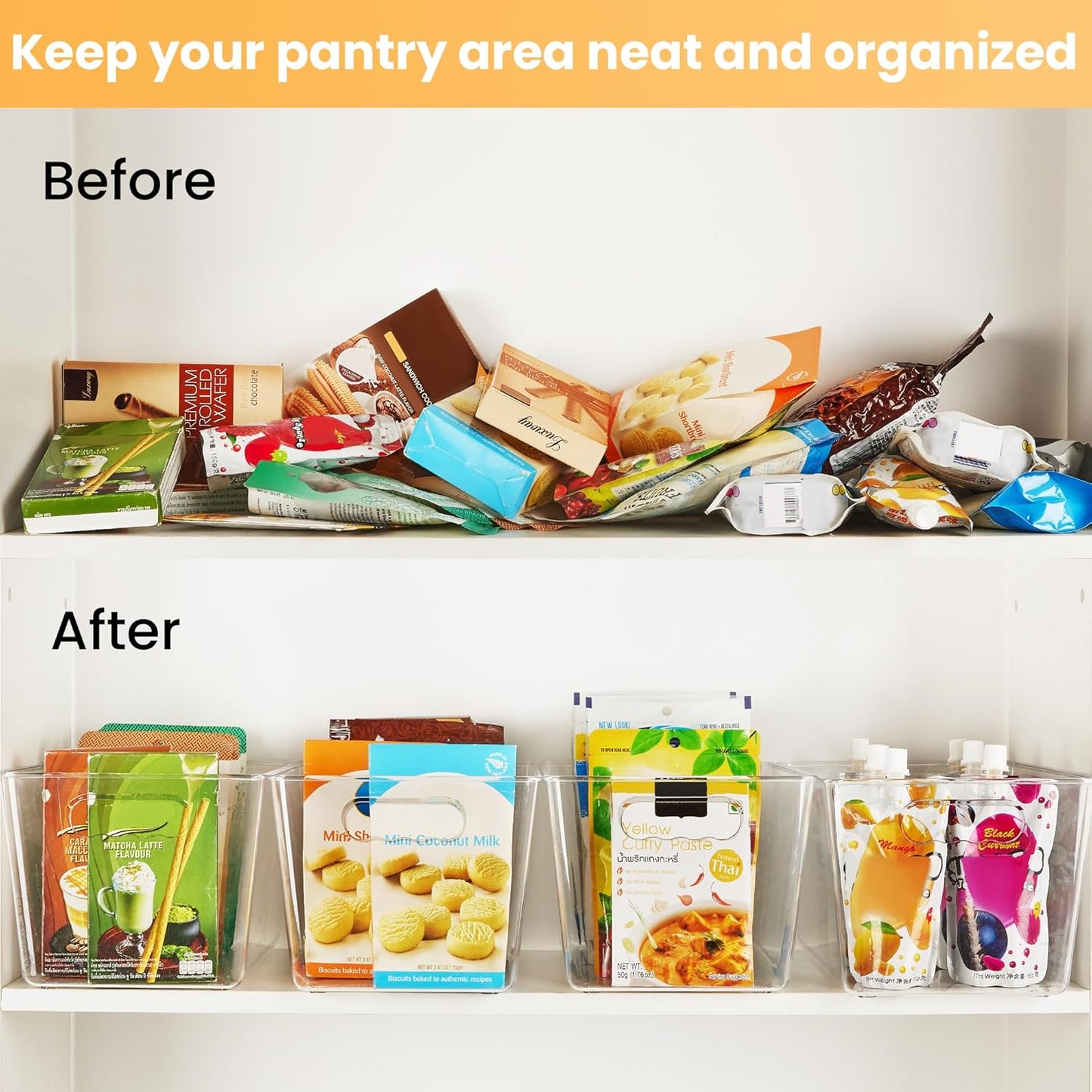 YIHONG Clear Plastic Storage Bins, 8 Pack Pantry Organizer Bins with Handle for Kitchen
