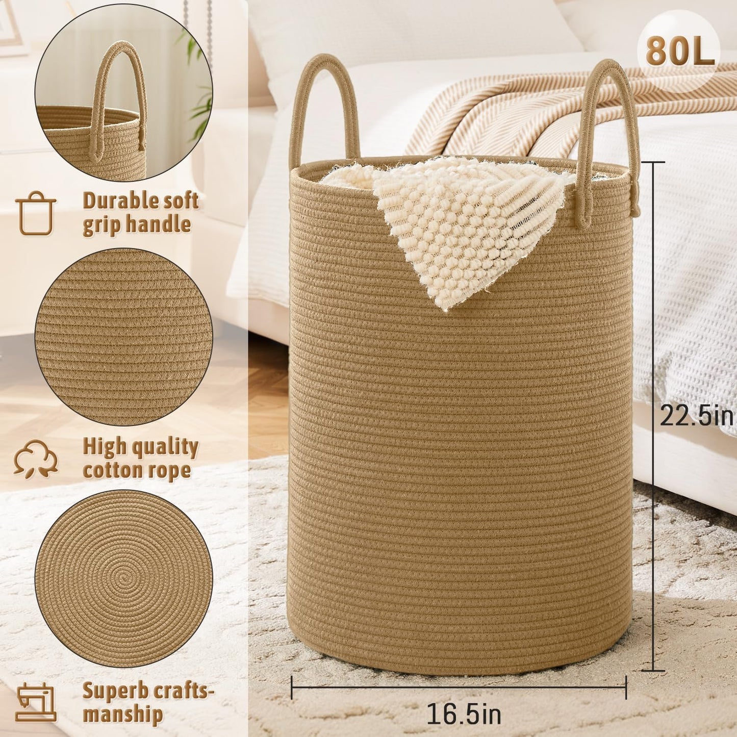 Laundry Basket,Woven Cotton Rope Laundry Hamper,80L for Decorative Storage of Dirty Clothes,Toys