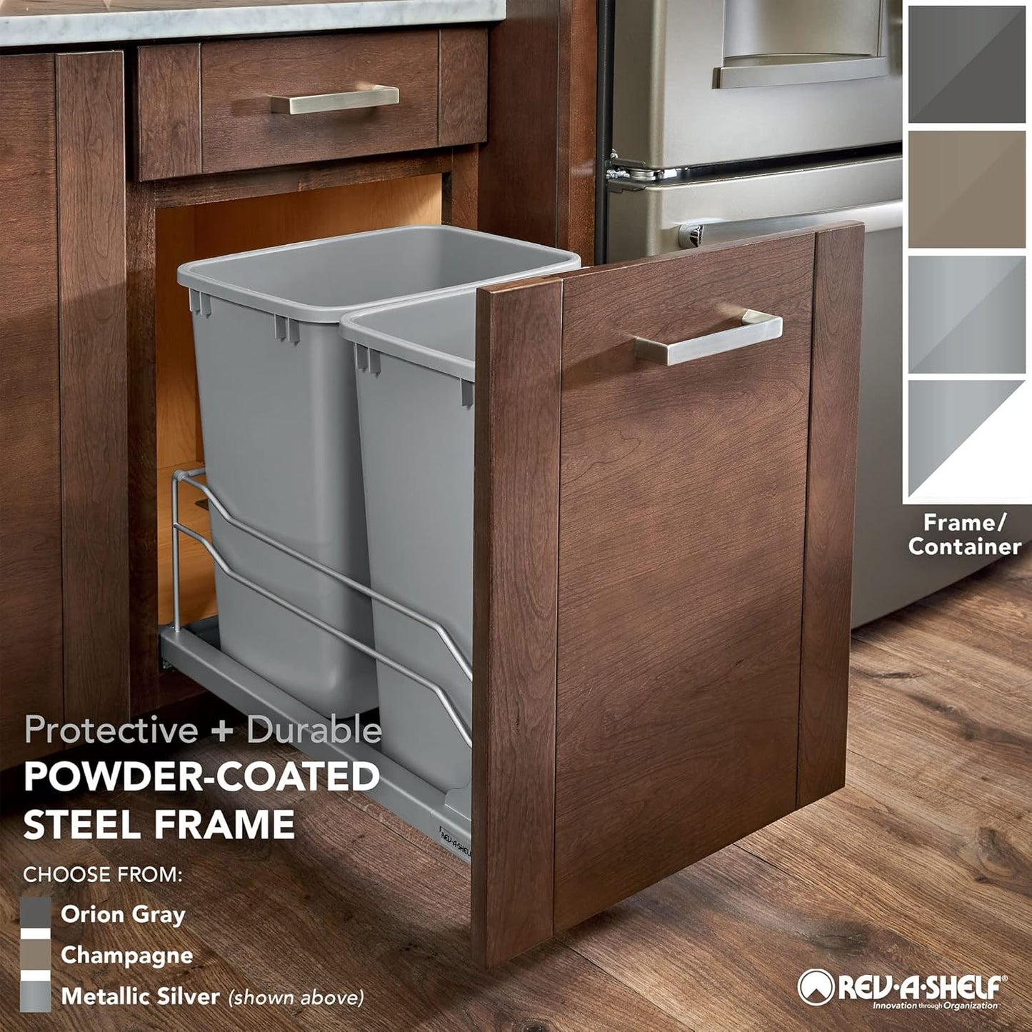 Rev-A-Shelf Double Pullout Trash Cans for Under Kitchen Cabinets 35 Quart 8.75 Gallon with