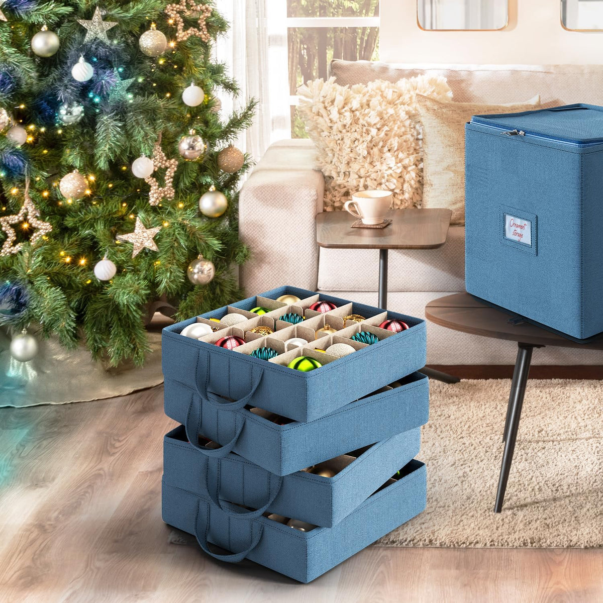 Hearth & Harbor Christmas Ornament Storage Box With 4 Inner Tray Dividers - Non-Woven Ornament