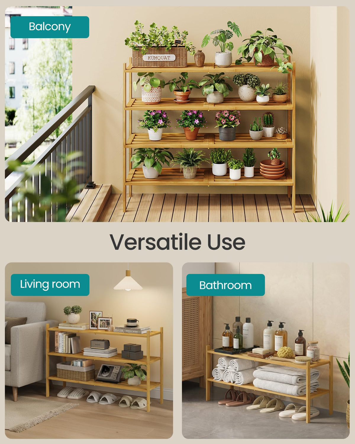 SONGMICS Bamboo Shoe Rack for Closet, Stackable Shoe Oragnizer with Modular Structure, Space-Saving
