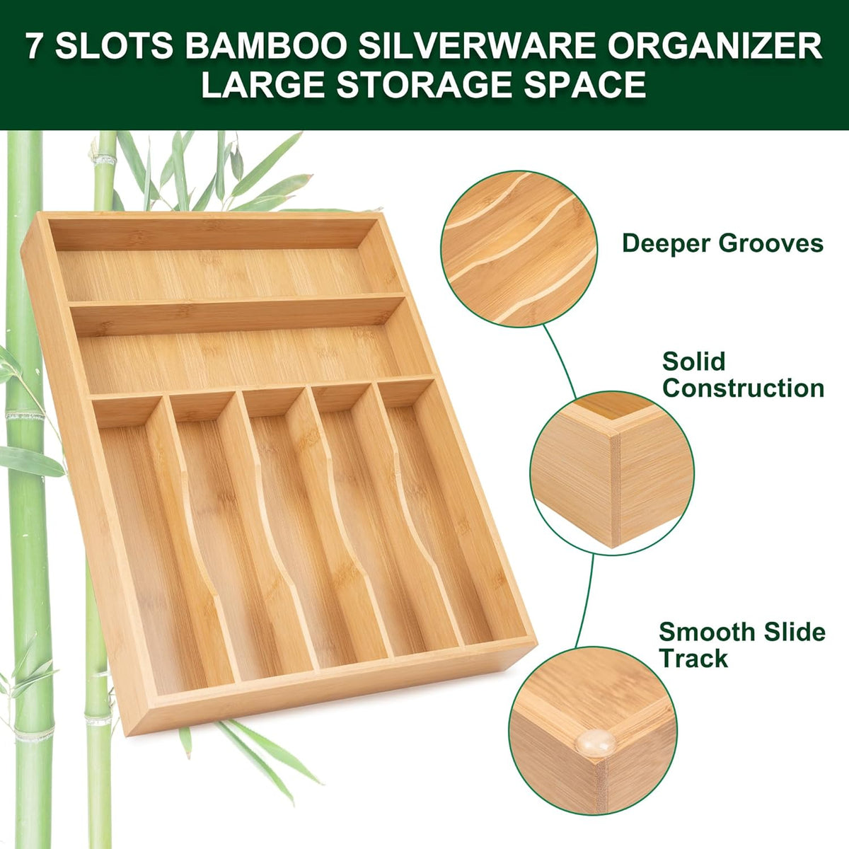Bellsal Natural Utensil Organizer 12.5 Inch Silverware Organizer for Drawer Utensil Holder Cutlery