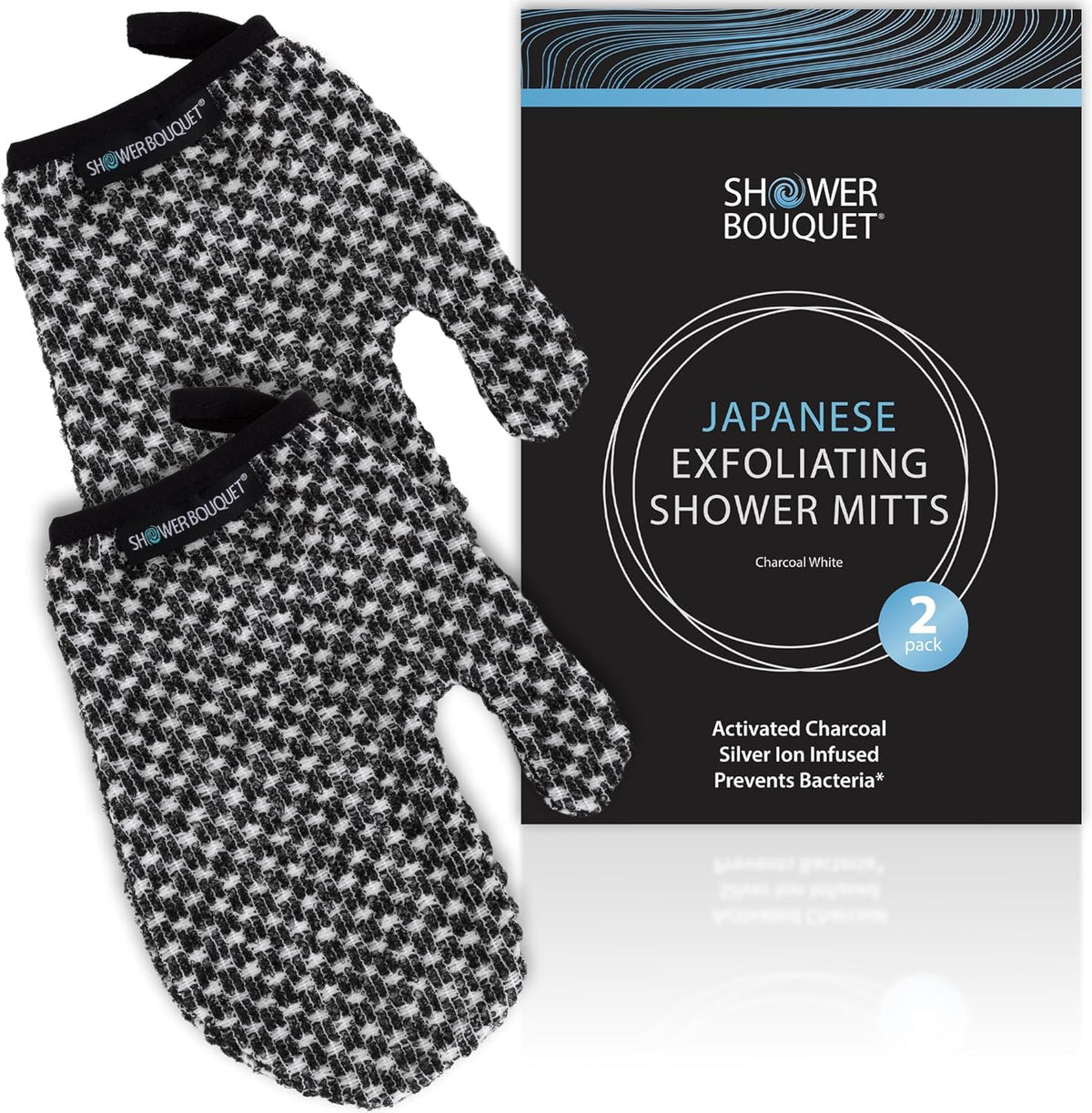 Japanese Exfoliating Mitt 2-Pack - Charcoal & Silver Ion Exfoliating Gloves for Shower - Soft Inner