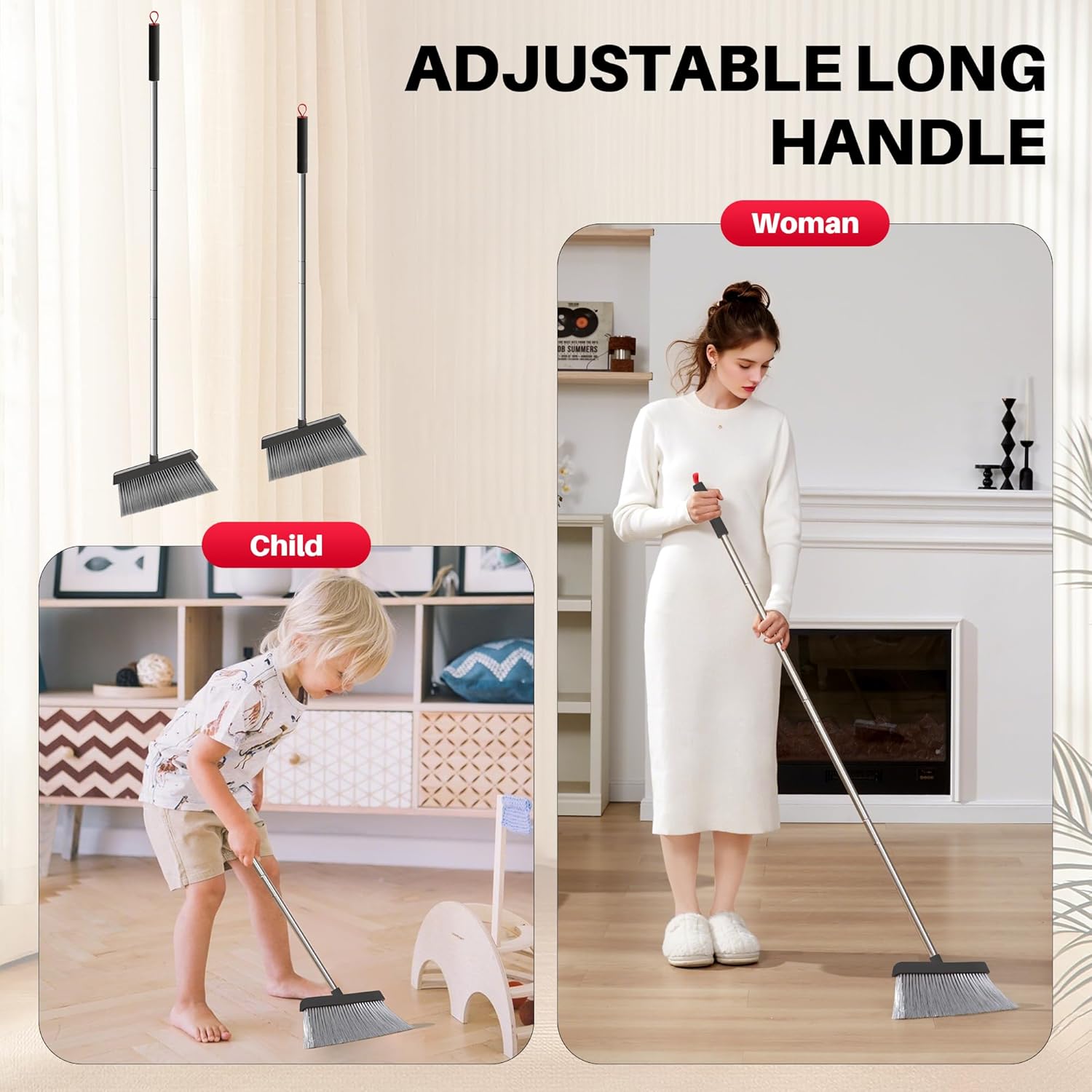 JOYMOOP Black and Red Broom and Dustpan Set, Upright Angle Design with Built-in Comb Teeth for