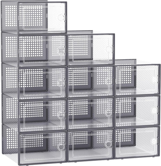 Kuject Large Shoe Organizers Storage Boxes for Closet, 12 Pack Clear Plastic Stackable Storage Bins