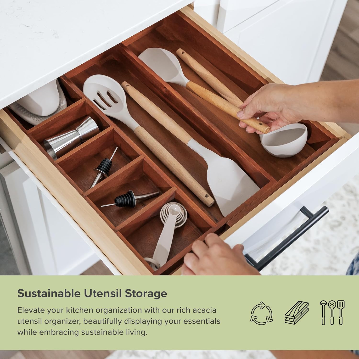 KitchenEdge Adjustable Kitchen Drawer Organizer for Utensils and Junk, Food-Safe Contract Grade