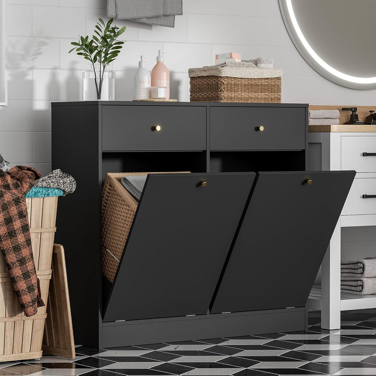 Double Tilt Out Trash Can Cabinet, Trash Storage Cabinet with 2 Drawers, Hidden Garbage Bin, Free