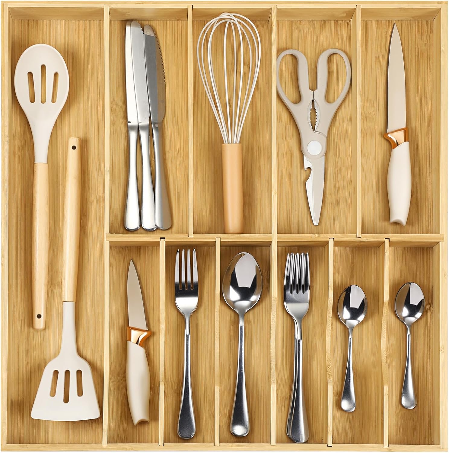 Fabsome Silverware Organizer for Kitchen Drawers, 2.5'' Deep 18.8'' Wide Bamboo Wood Flatware Tray