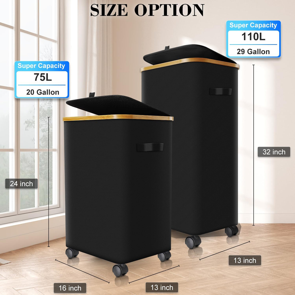 Laundry Hamper with Wheels,29 Gal (110L) Laundry Basket with lid Rolling Clothes Hamper Foldable