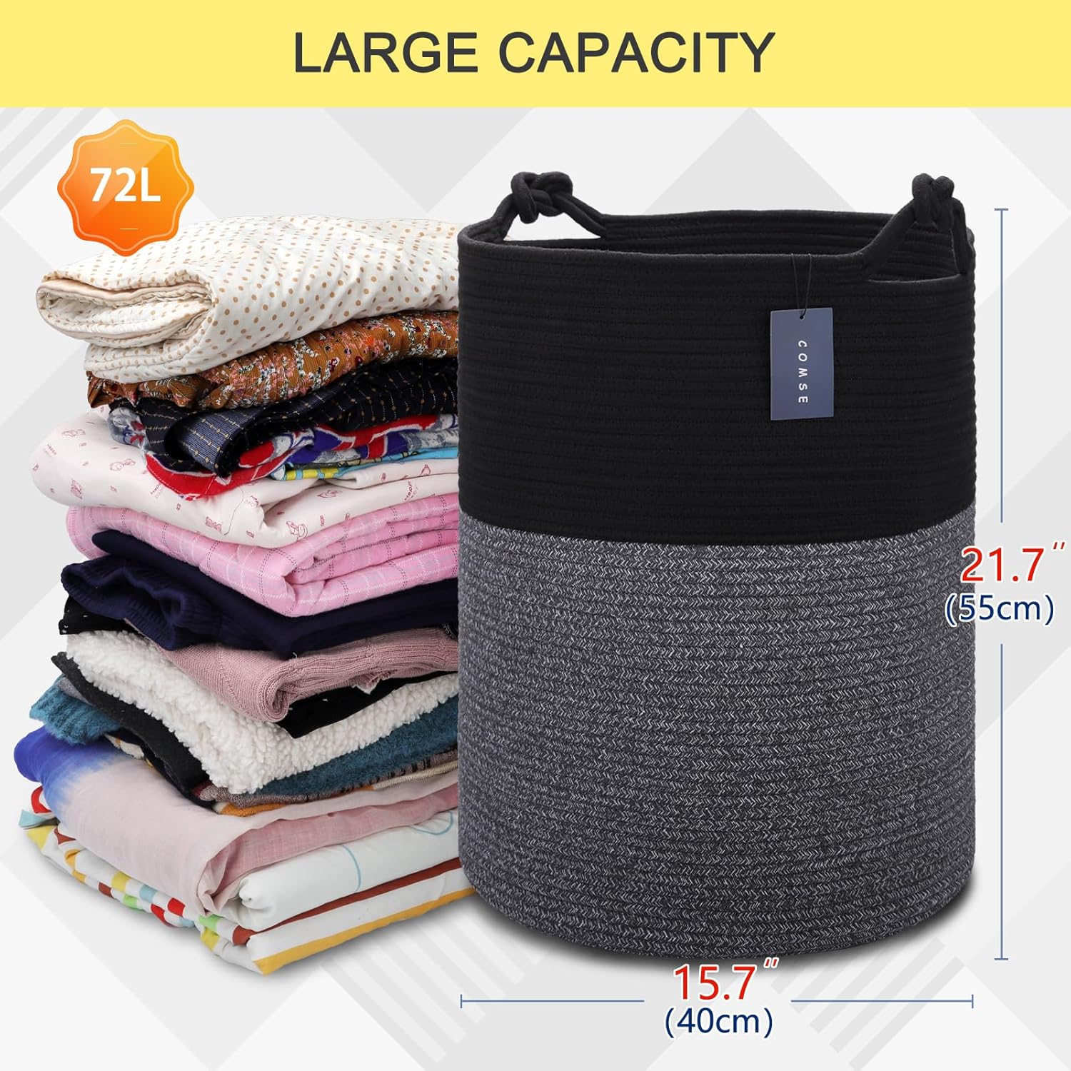 COMSE Extra Large Blanket Basket, Tall Woven Storage Basket, Nursery Hamper, 15.7”x 21.7”, Cotton
