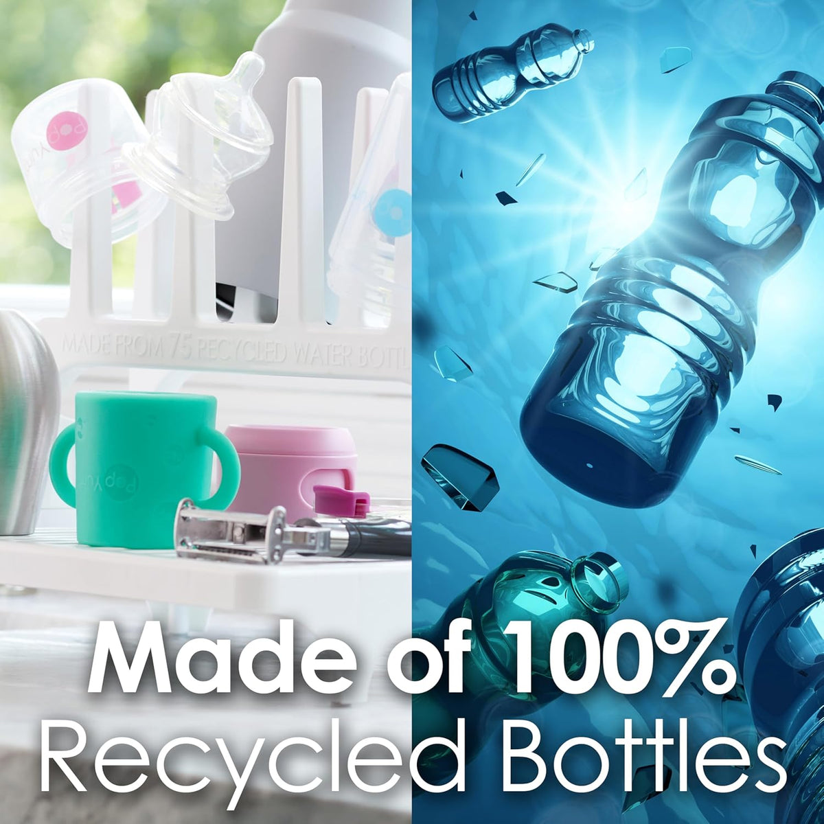 PopYum Glacier White Space Saving Drying Rack from 100% Recycled Bottles, countertop for Baby