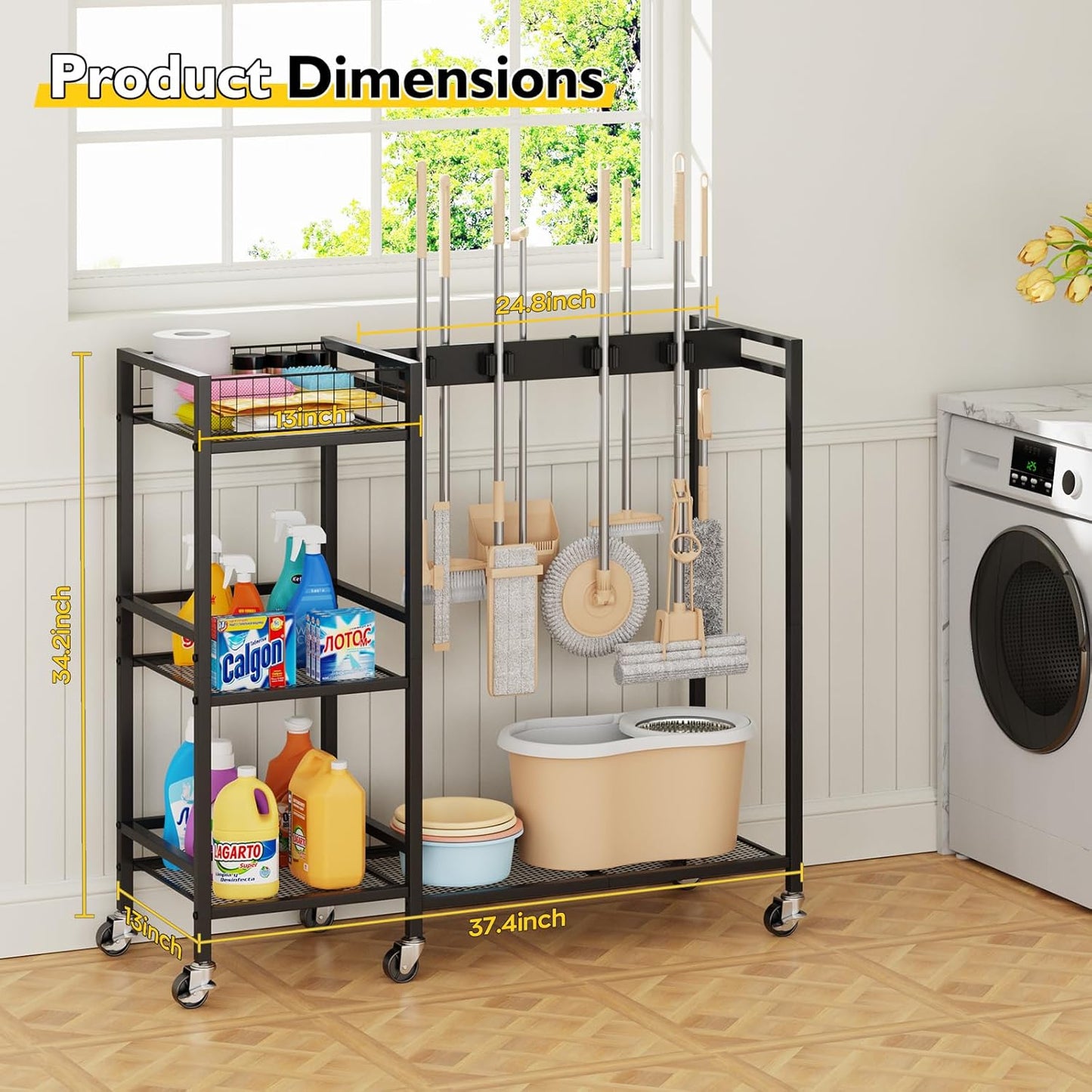 Broom Holder with Cleaning Supplies Organizer, Movable Broom Closet Storage Cabinet with Cleaning
