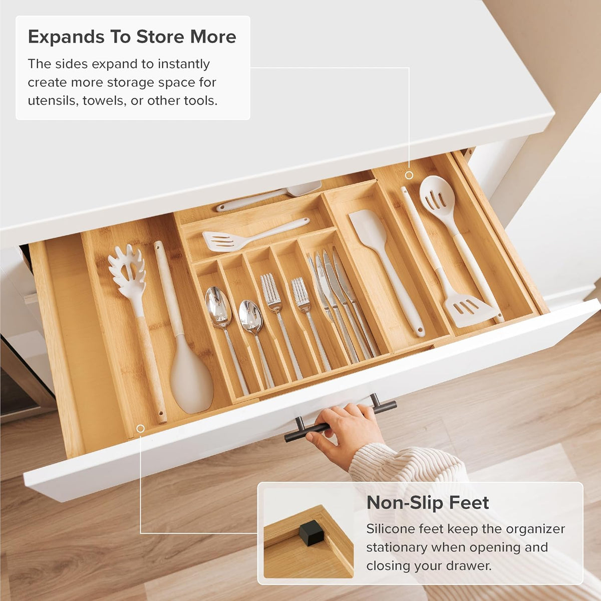 KitchenEdge Premium Silverware, Flatware and Utensil Organizer for Kitchen Drawers, Food-Safe