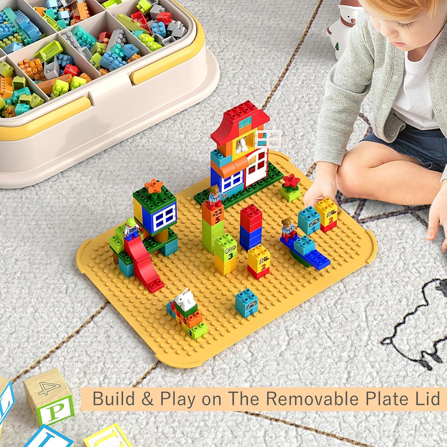 Toy Storage Organizer Box with Handle, Stackable Building Block Toy Box with Building Plate Lid &