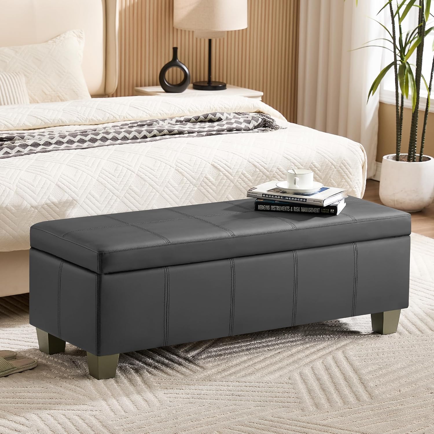51" Faux Leather Storage Ottoman, Stitch Tufted Rectangle Upholstered End of Bed Storage Bench