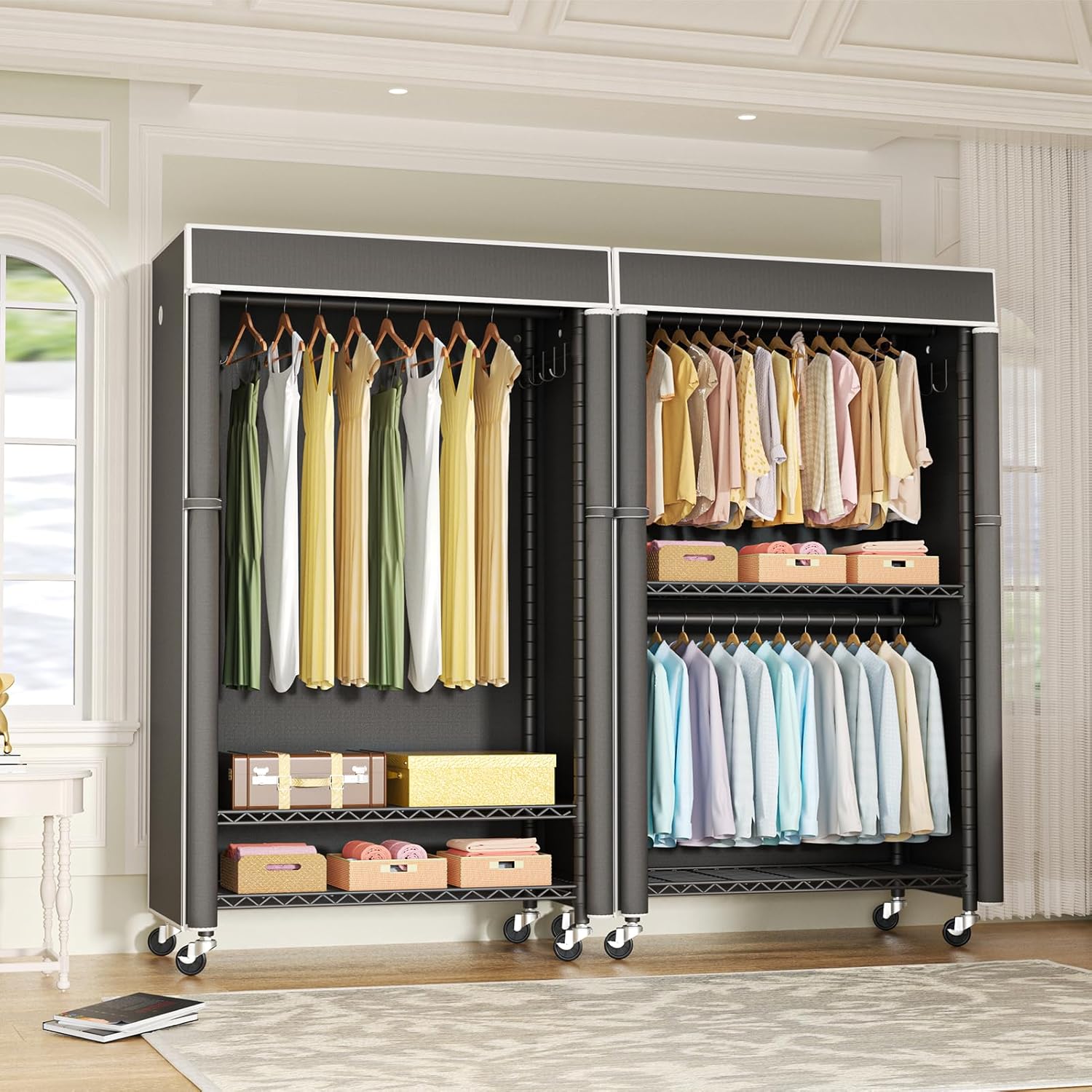 FUTASSI Black Clothing Rack with Dark Gray Cover, P1C Rolling Closets with Wheels, Metal Garment