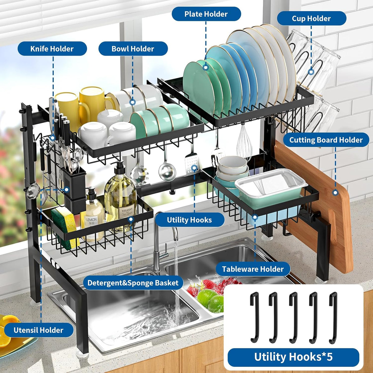 Over The Sink Dish Drying Rack,Expandable 2-Tier Stainless Steel Over The Sink Dish Rack with