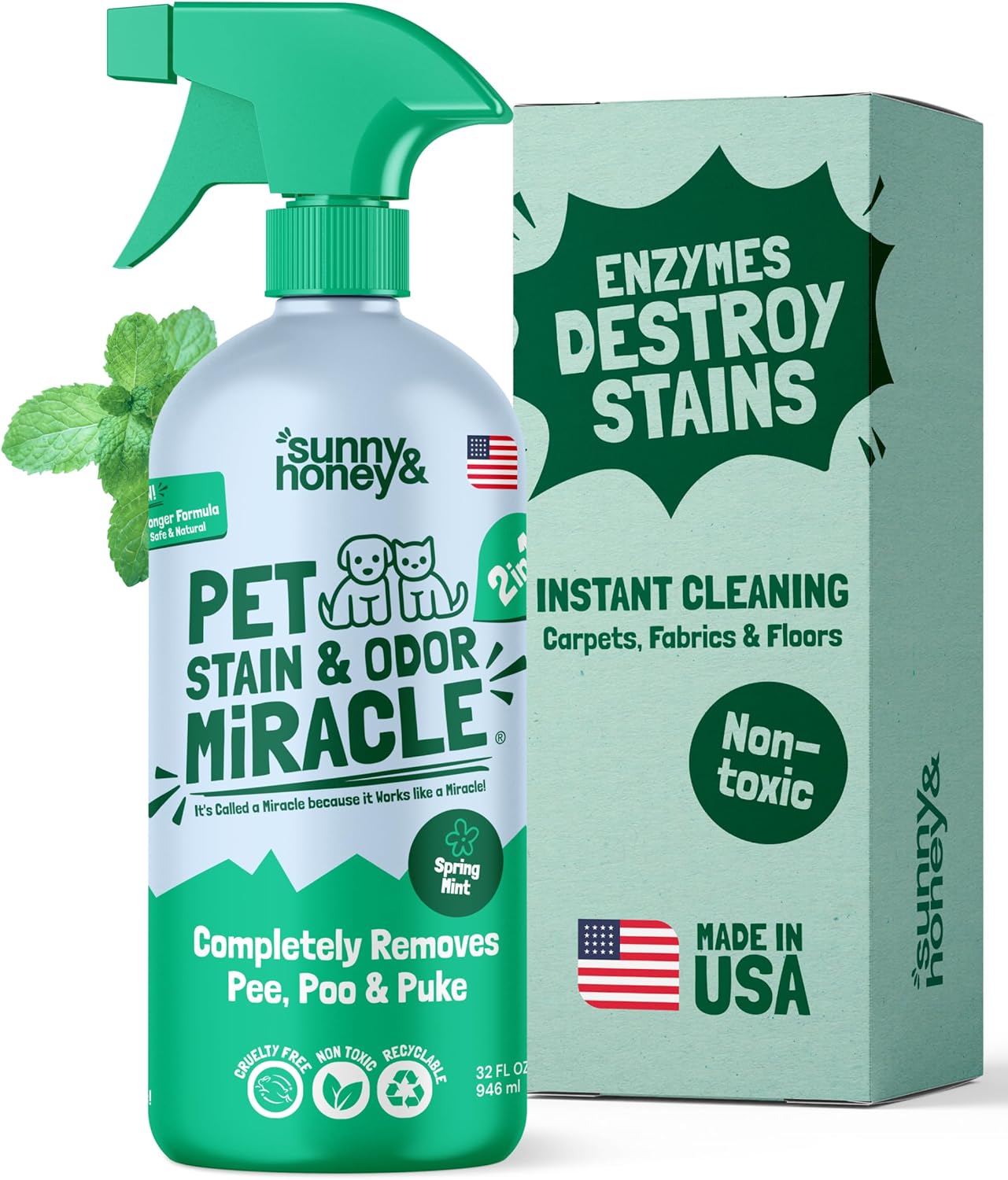 Sunny & Honey Pet Stain & Odor Miracle - 32 Fl Oz, Spring Mint Scent - Carpet Cleaner & Enzyme