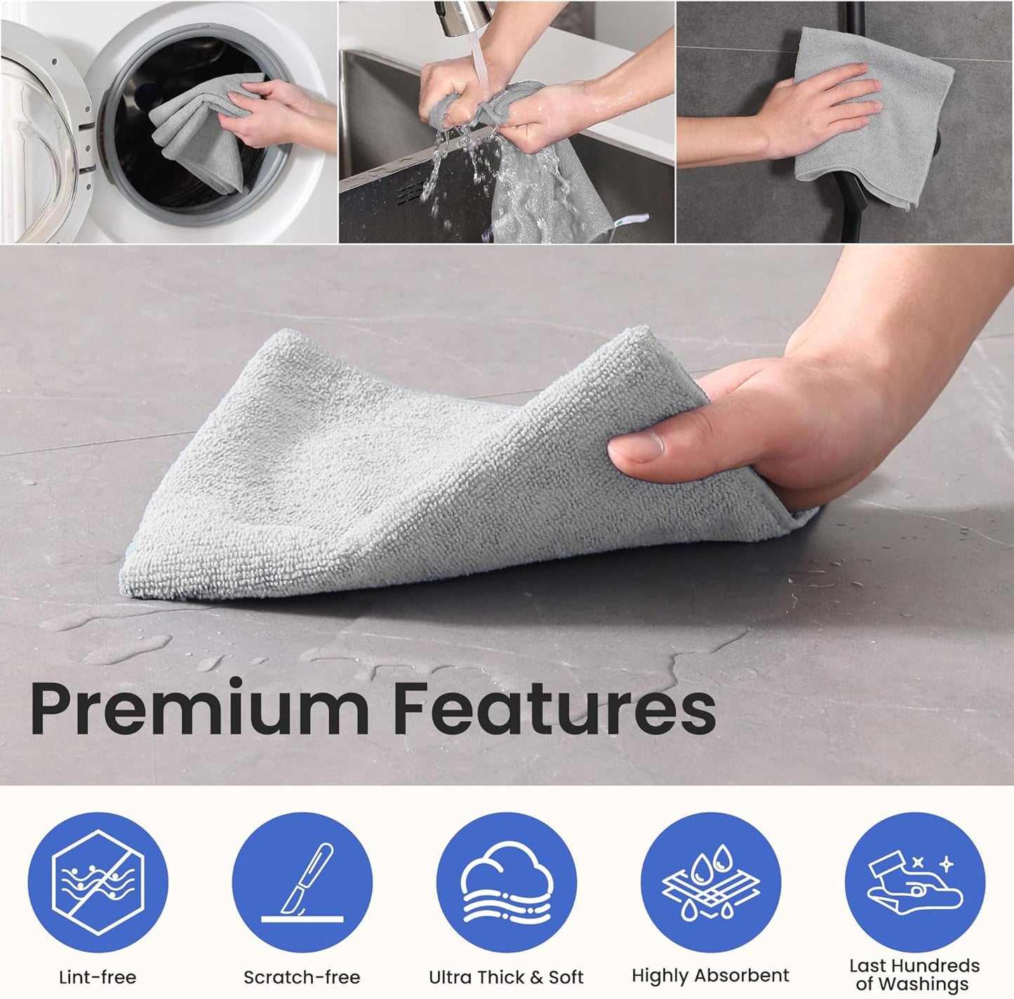 Microfiber Cleaning Cloths - 12 Pack, Grey, 12.2" x 12.2", Lint-Free, Streak-Free, Absorbent