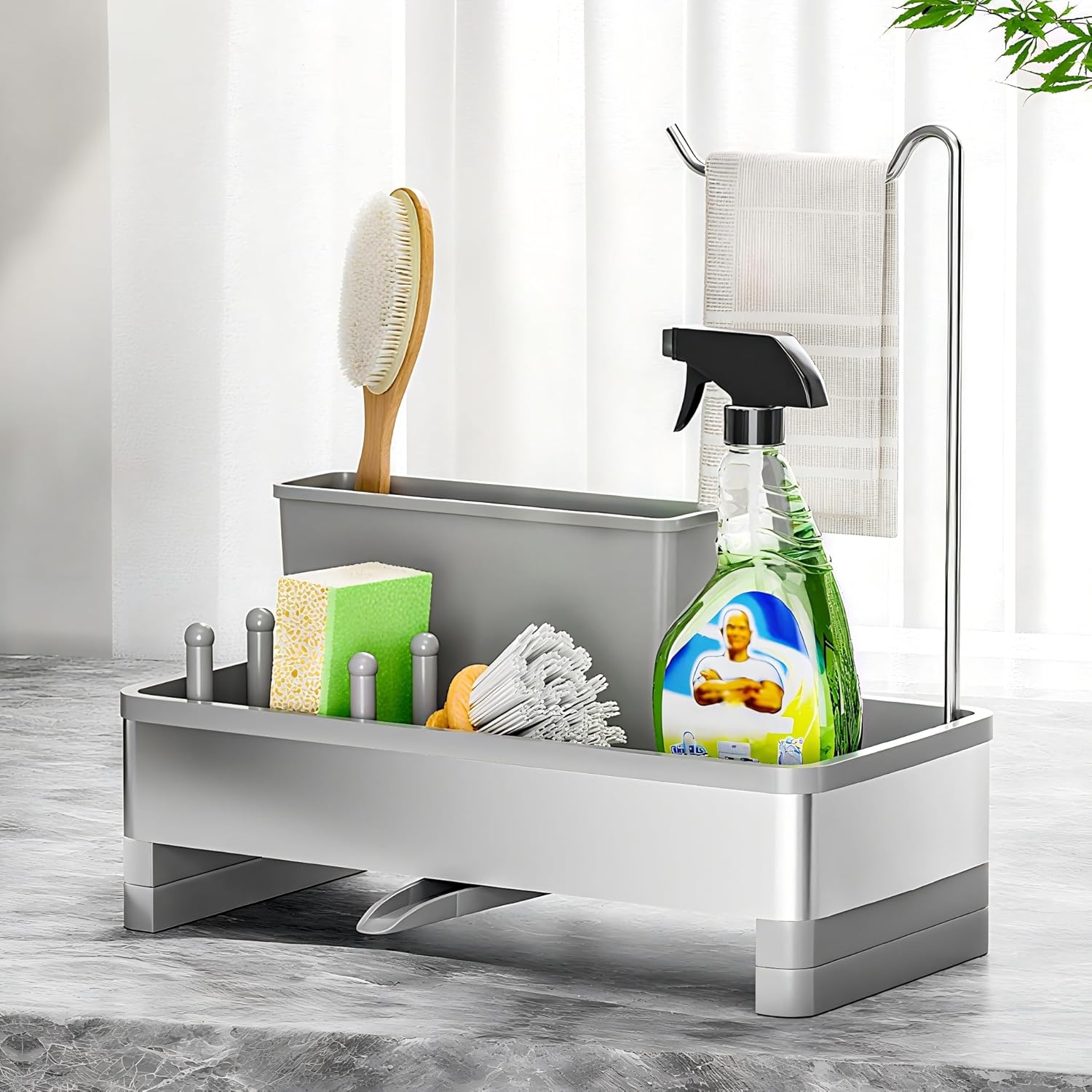 Stainless Steel Sink Caddy, Sponge Holder for Kitchen Sink with Brush Holder & Dishcloth Rack