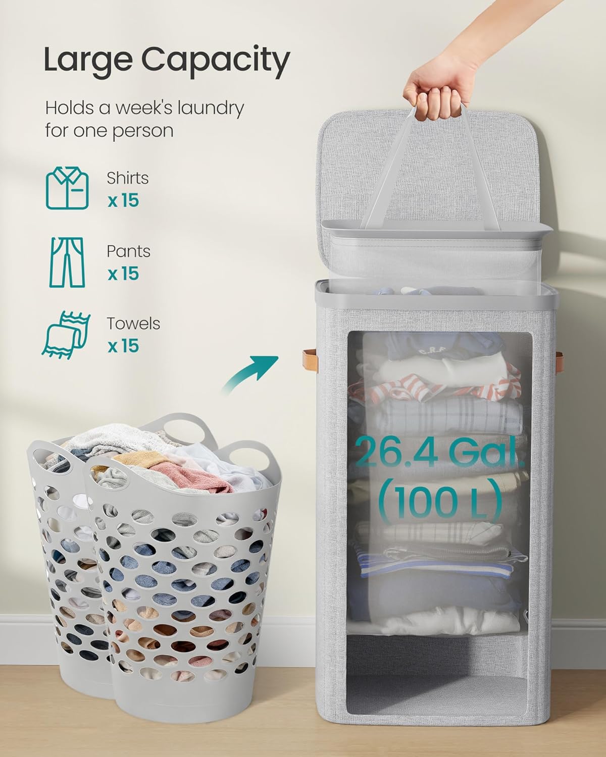 SONGMICS Laundry Basket, 26.4 Gal. Laundry Hamper, Easy Assembly, with Lid and Handles, Removable