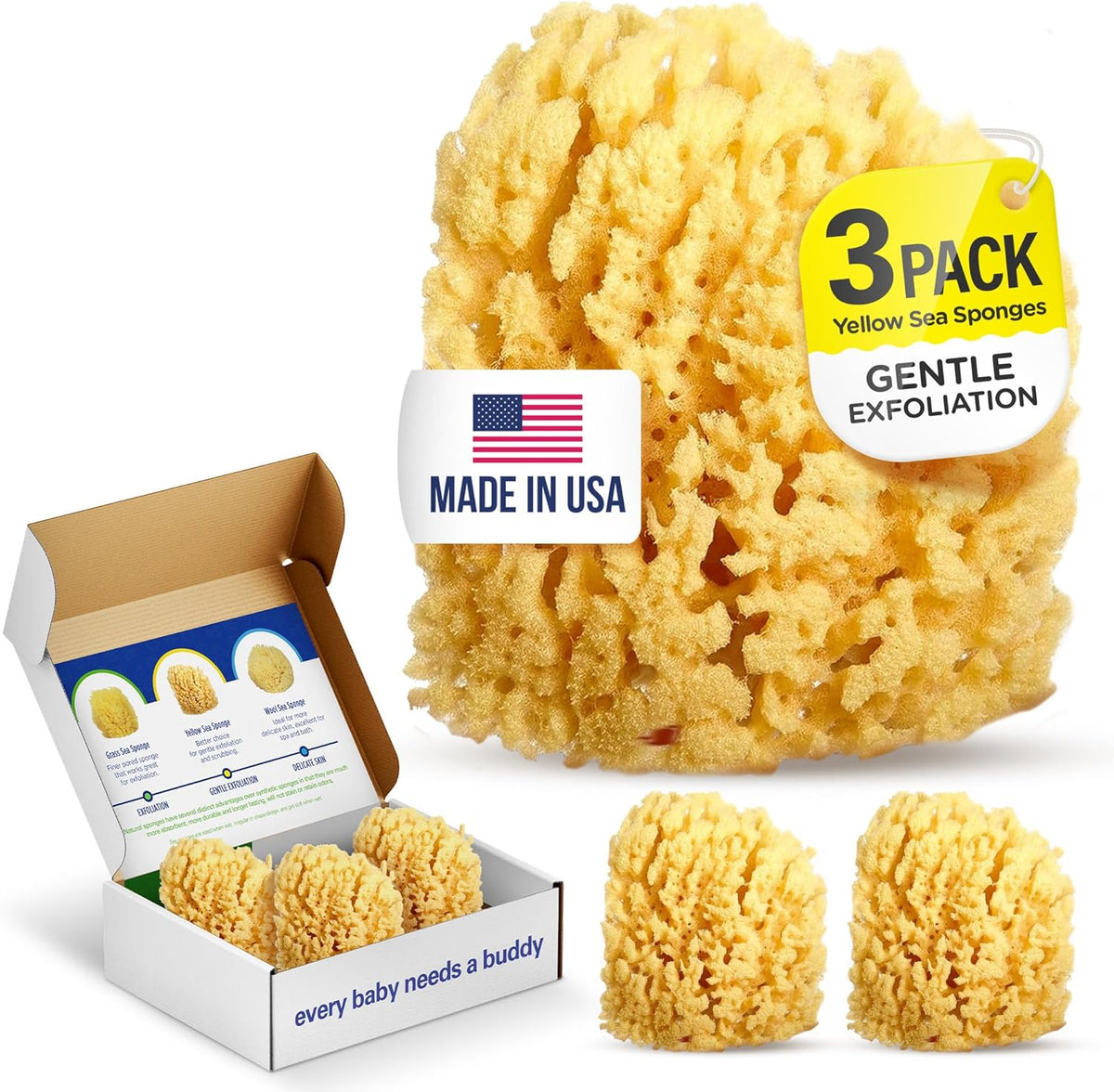 Baby Buddy Baby Bath 4in Yellow Sea Sponge, Absorbent Natural Sea Sponge, Soft on Tender Skin
