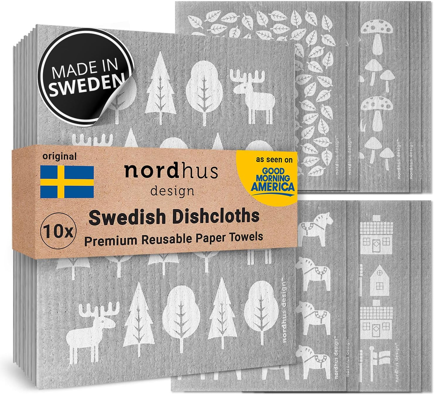 Nordhus Design Swedish Dishcloths,10 Grey Cloths, Made in Sweden - Reusable, Washable Cellulose