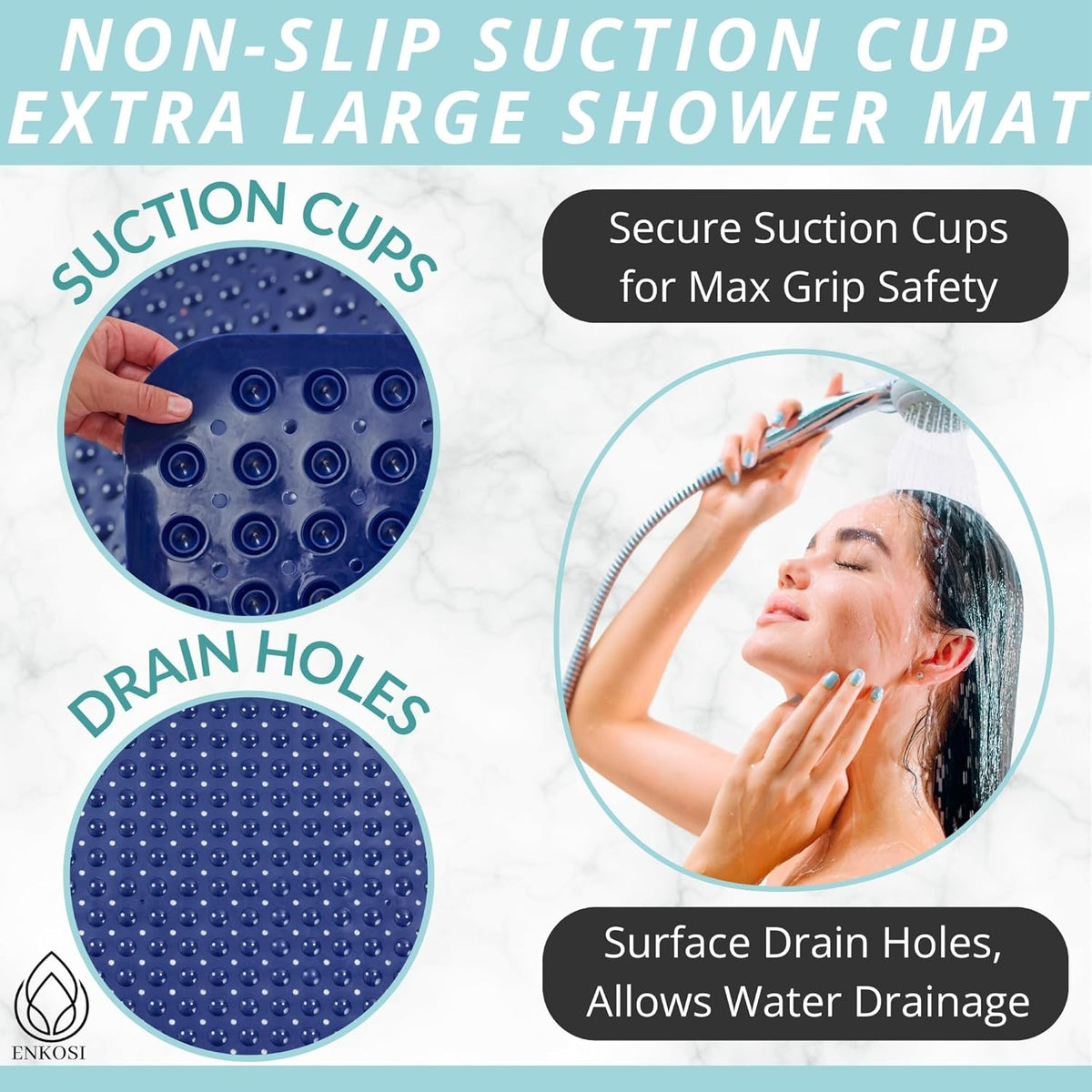 ENKOSI Extra Large Shower Mat Non Slip - 47 x 32 inch - XL Bathroom Shower Mat - Large Shower Matts