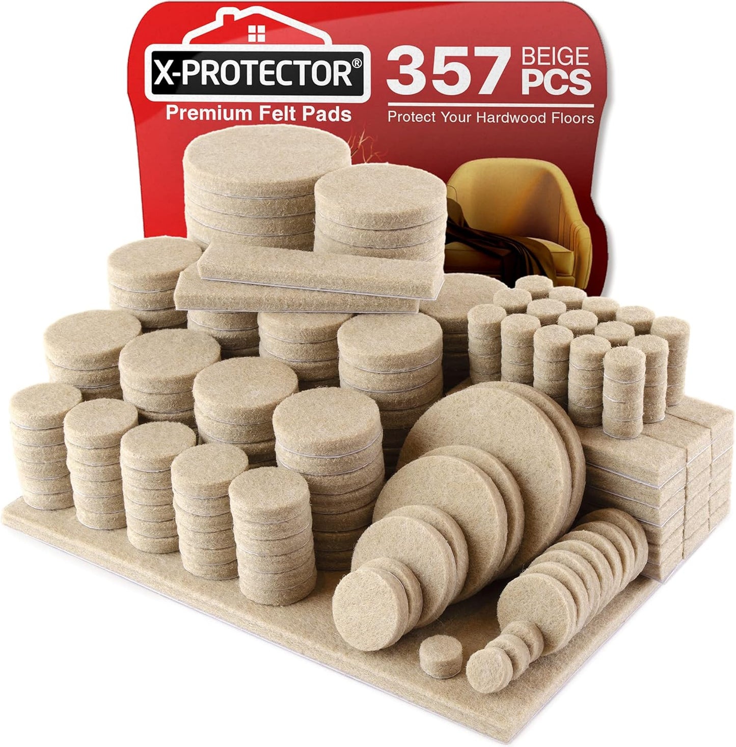 X-Protector 357 pcs Beige Felt Furniture Pads - Huge Quantity of Hardwood Floor Protectors with
