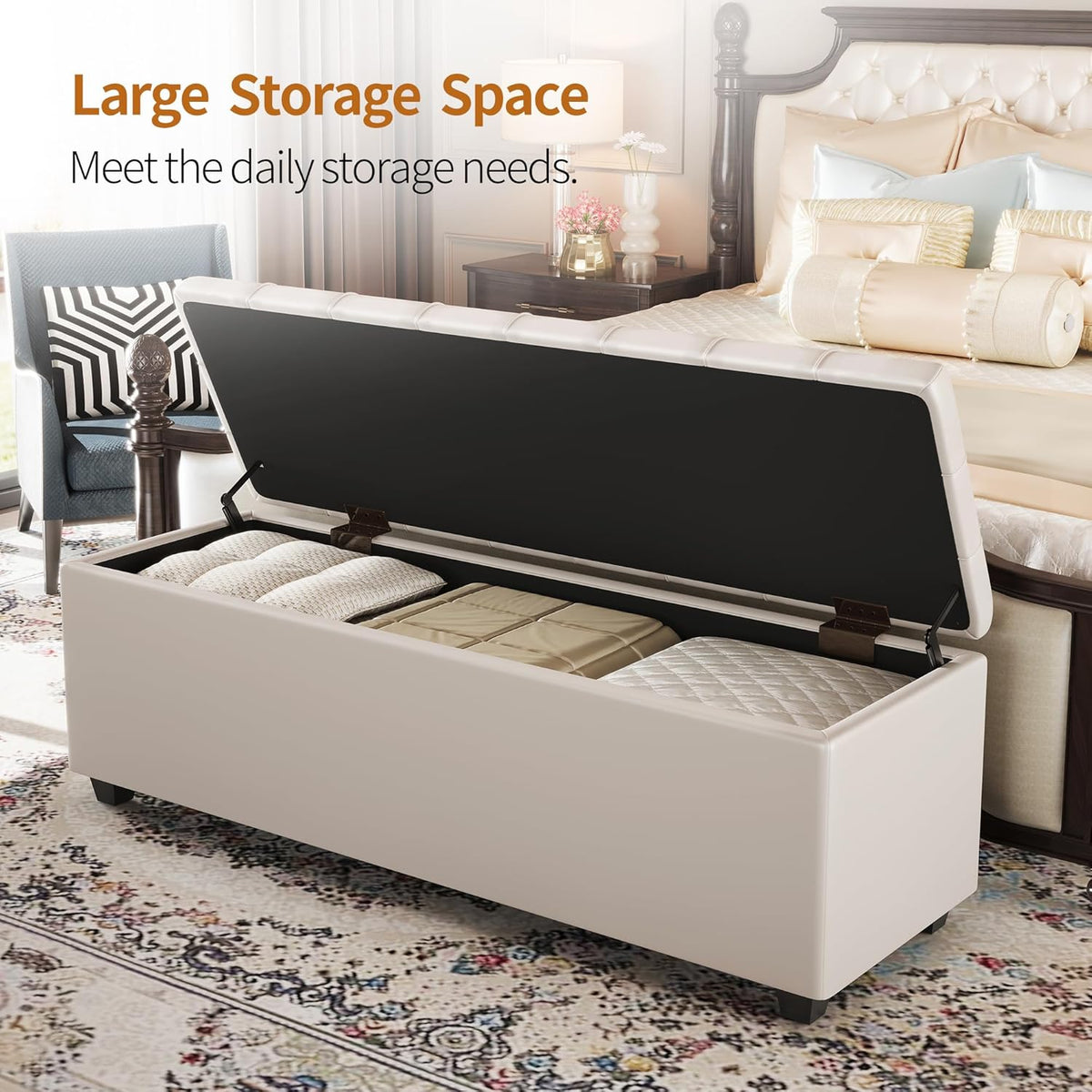 Small 38 Inches Long White Ottoman Bench with Storage,Footstool Furniture End of Bed Benches,Faux