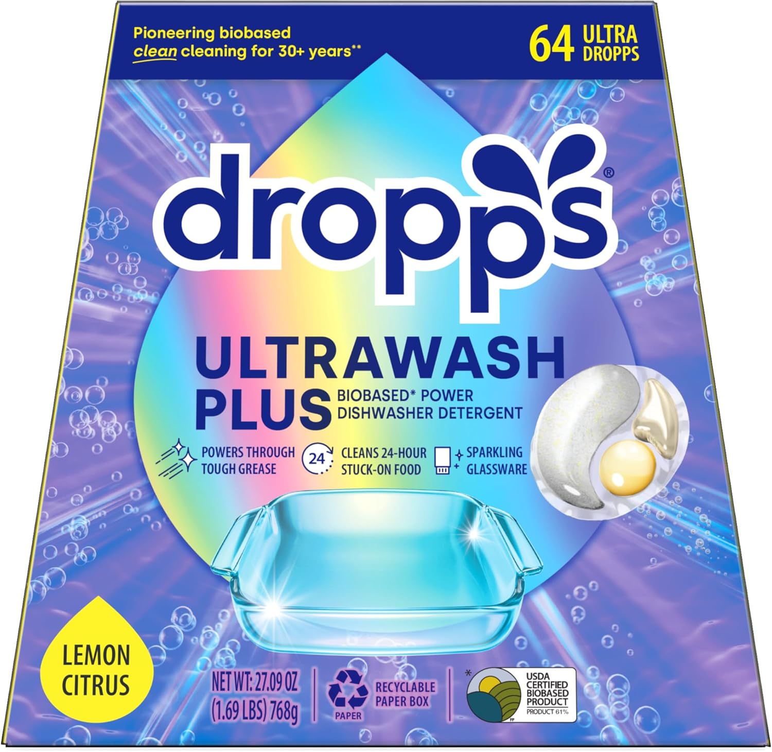 Dropps UltraWash Plus Dishwasher Detergent, Lemon Citrus (64 Pods) - Triple Action Biobased Power