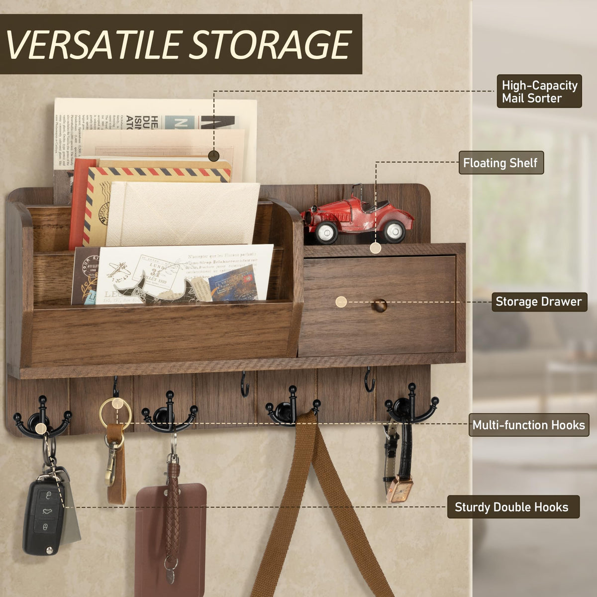 Rebee Vision Key Holder Wall Mount with Drawer Organizer for Entryway,Brown