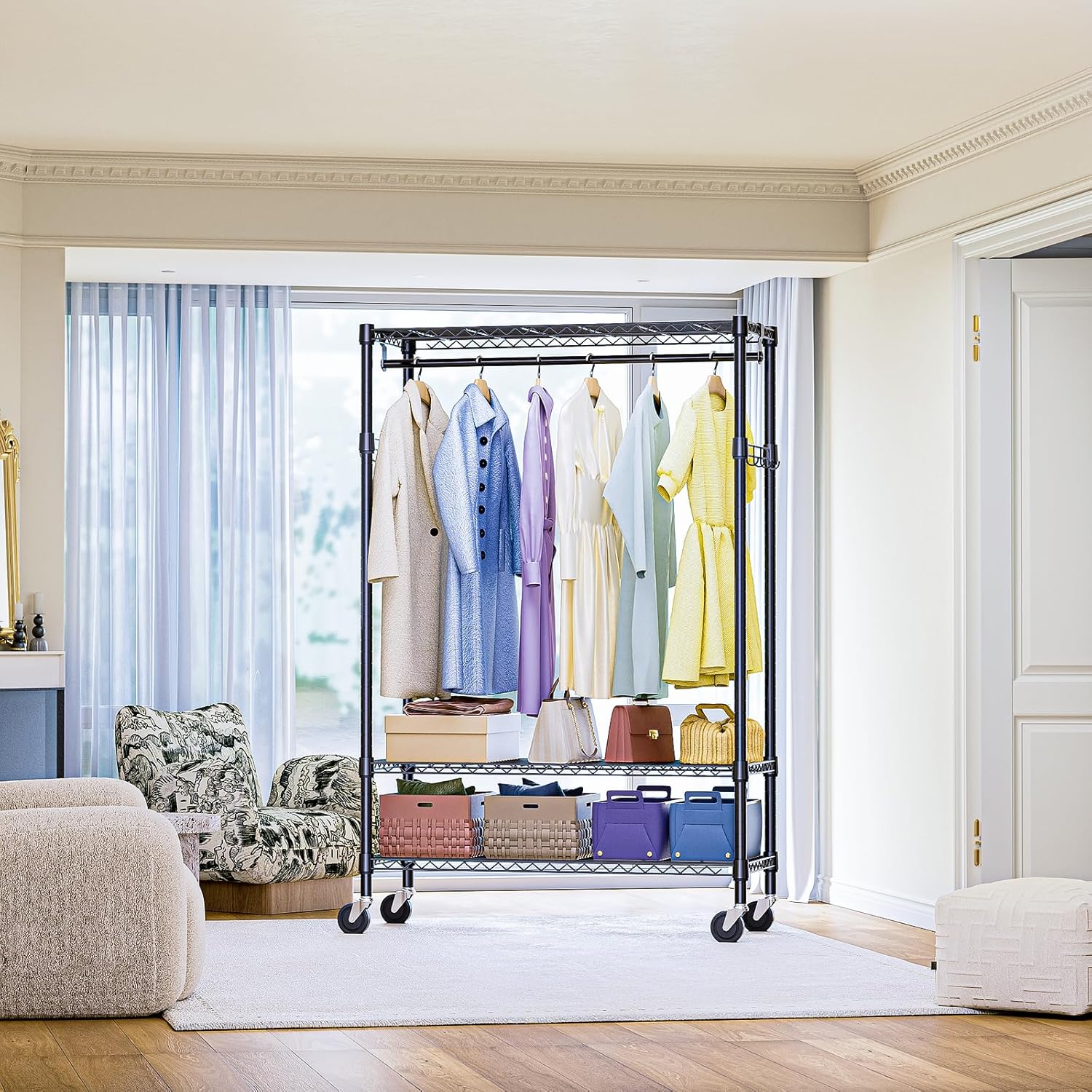 IZEUK Heavy Duty Rolling Garment Rack with 3 Adjustable Wire Shelves, 2 Hanging Rods & Side Hooks