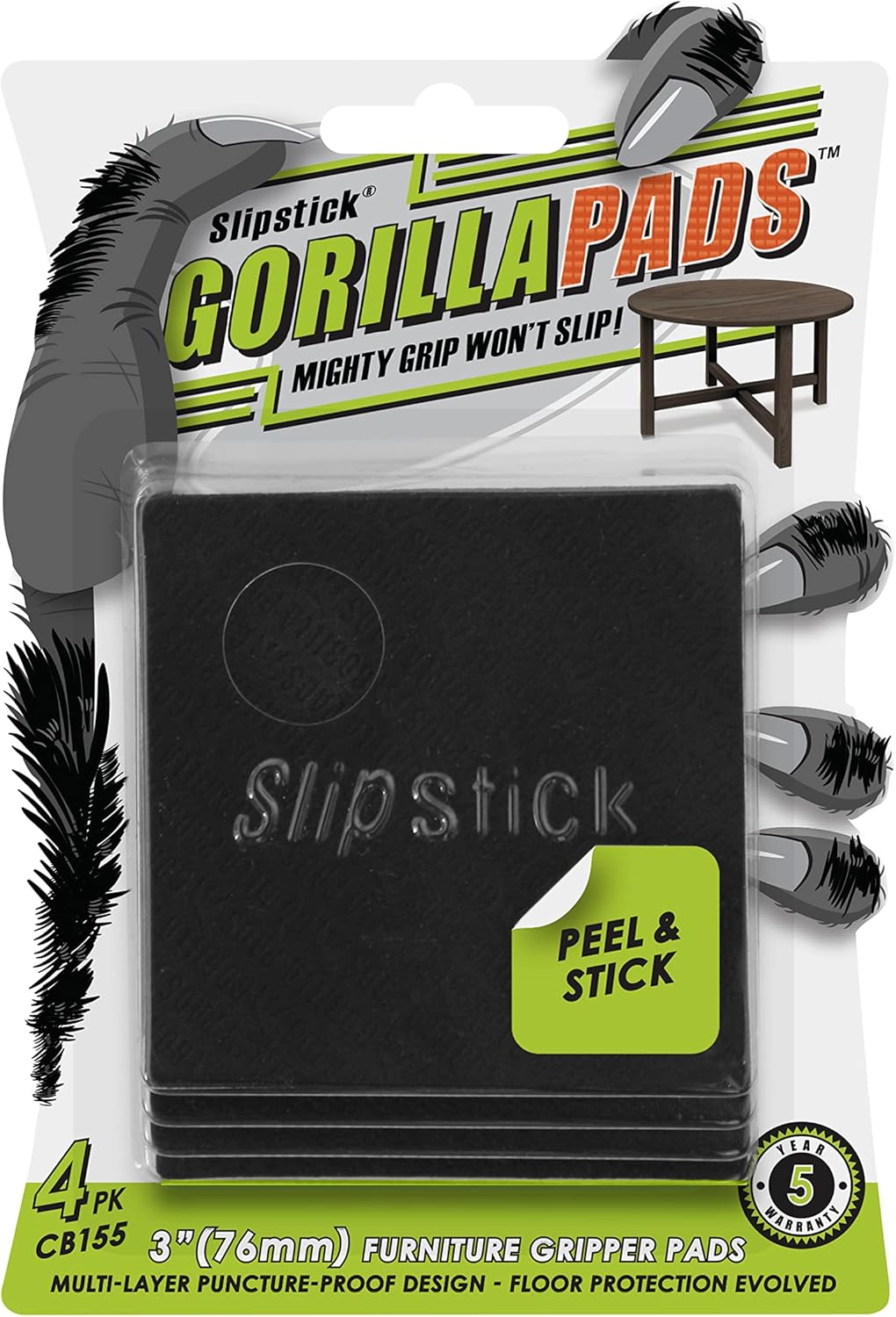 Slipstick GorillaPads Non Slip Furniture Pads/Gripper Floor Protectors (Set of 4) 3 Inch Square
