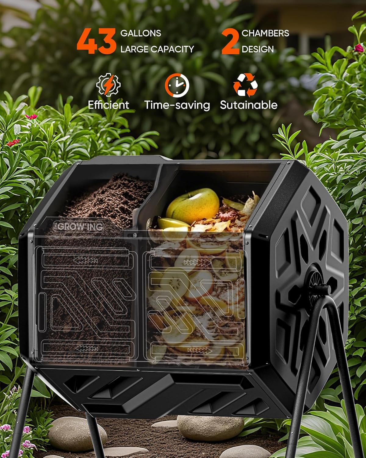 THEGROW'ING Updated 43 Gallon Compost Bin Outdoor, Fast Assemble Tumbling Composter, Dual Chamber
